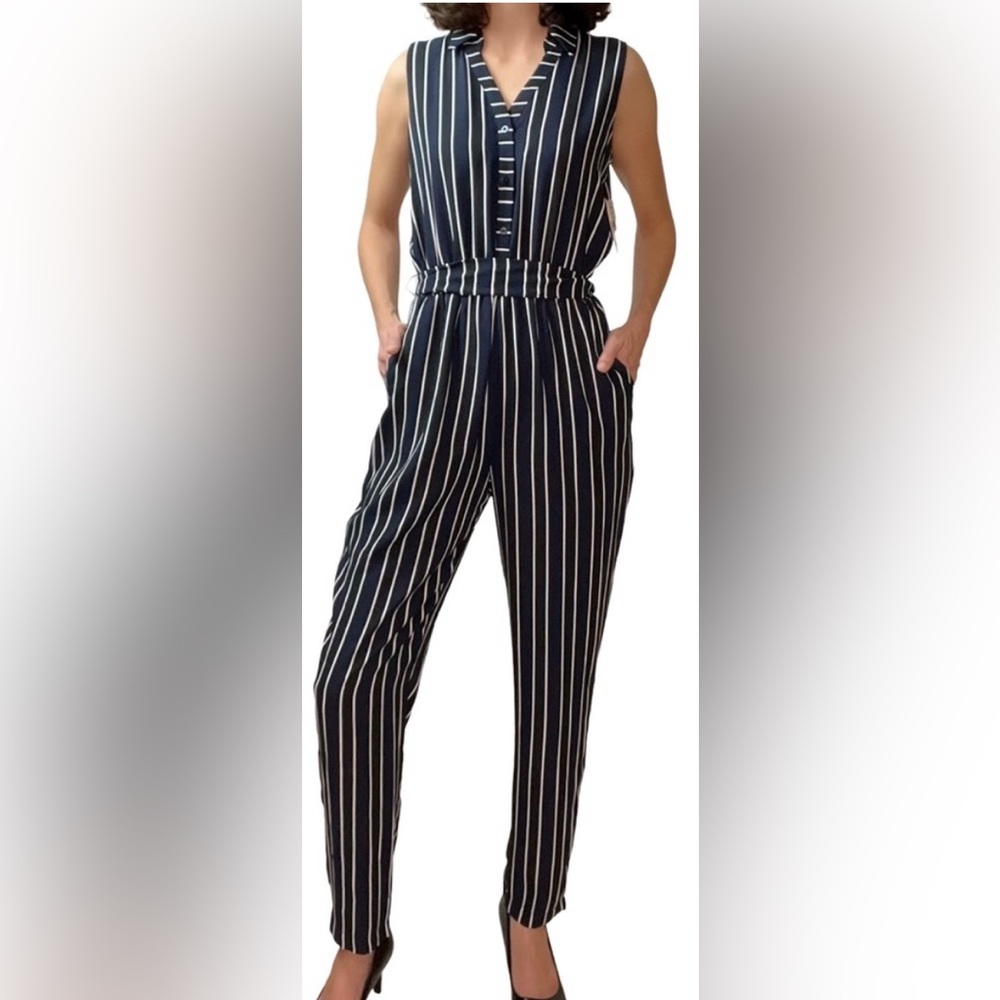 NWT Bar III Navy Black & White Pinstripe Jumpsuit